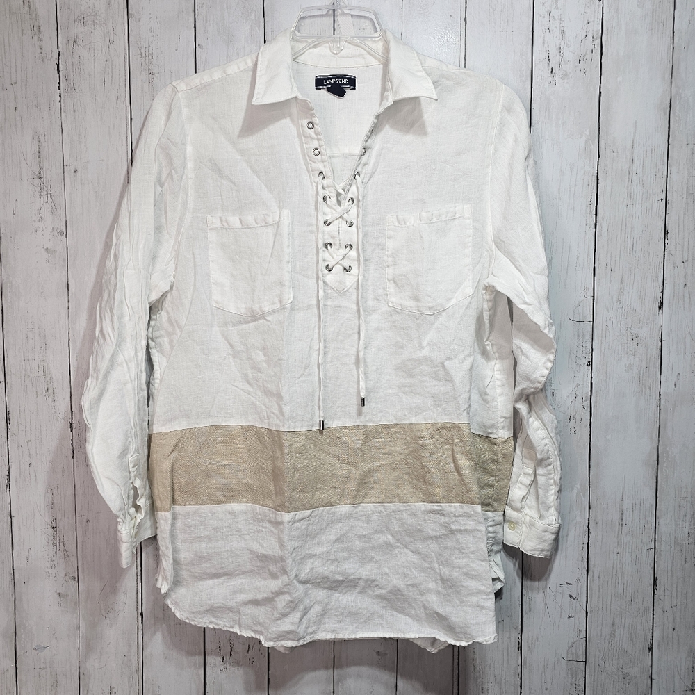 Lands’ End Women's Linen White Tan Lace Up Tunic Top Shirt Size 18 Long Sleeve.
